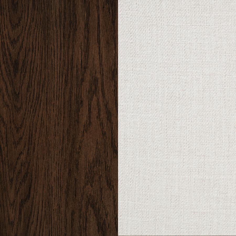 dark brown wood and light linen fabric furniture finish swatches side by side