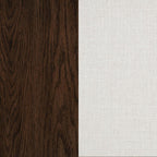 dark brown wood and light linen fabric furniture finish swatches side by side