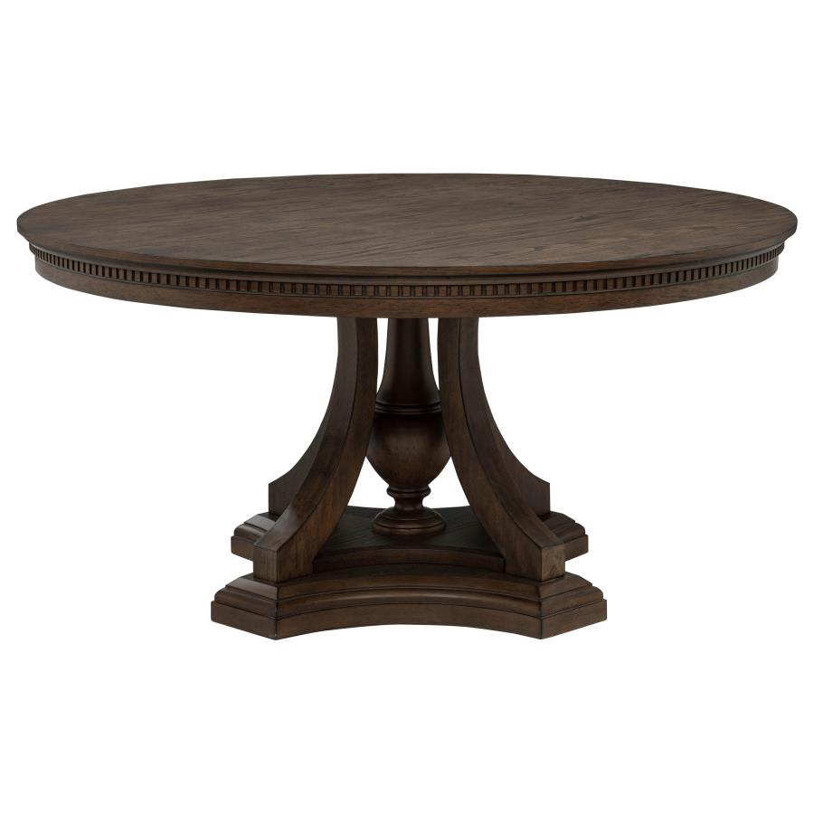 round dark wood dining table with pedestal base, traditional style for dining room