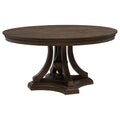 round dark wood dining table with pedestal base, traditional style, ideal for dining room