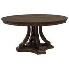 round dark wood dining table with pedestal base, traditional style, ideal for dining room