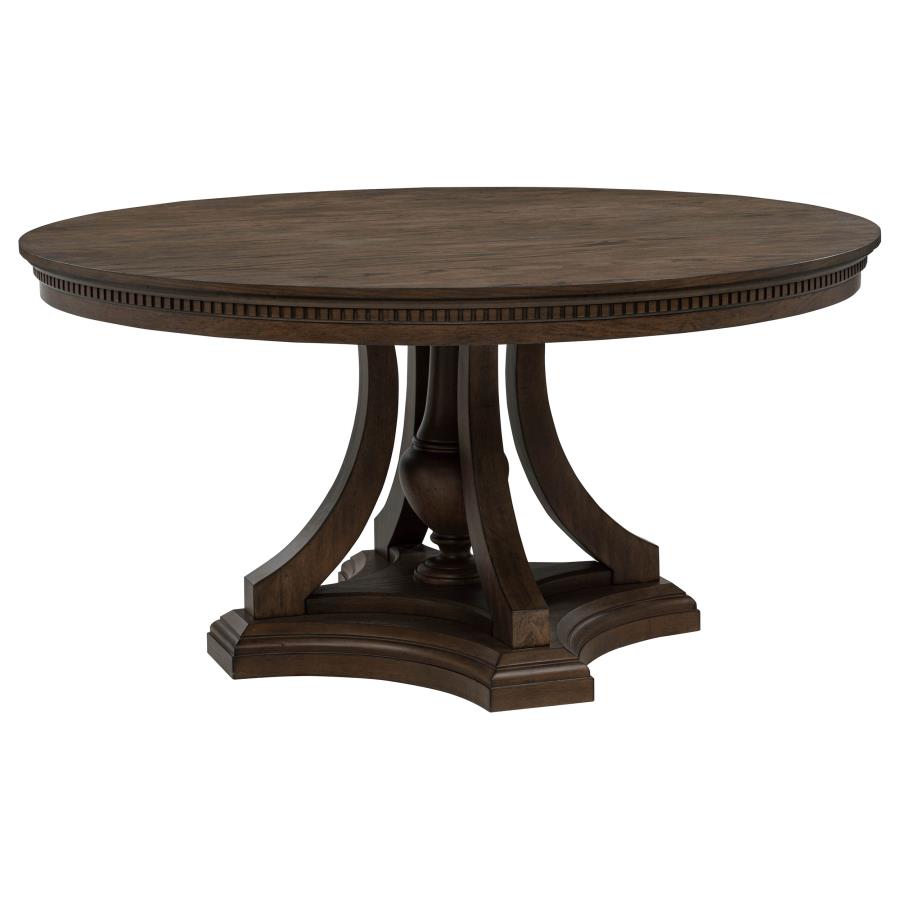 round dark wood dining table with pedestal base, traditional style, ideal for dining room
