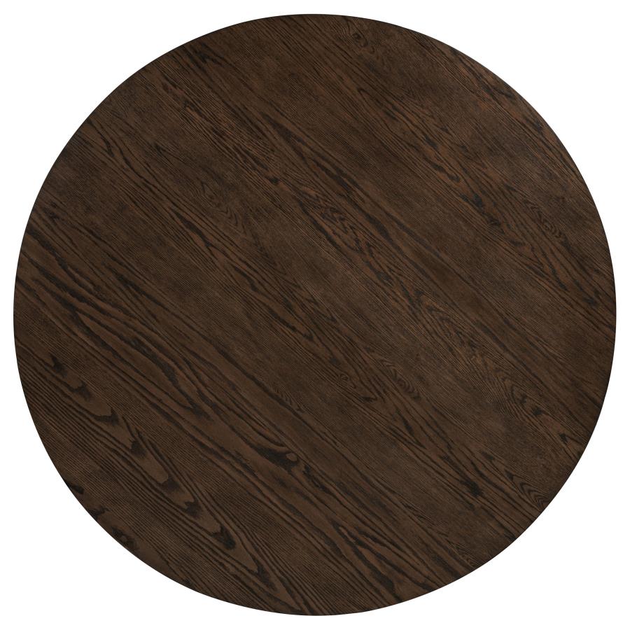 round dark wood dining table top with natural grain, modern style for dining room