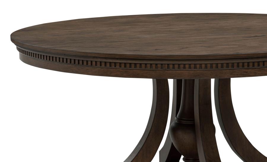 round dark wood dining table with carved edge and pedestal base, traditional style