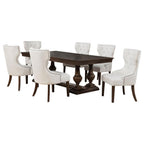 dark wood dining table with six tufted cream upholstered chairs, traditional dining room set
