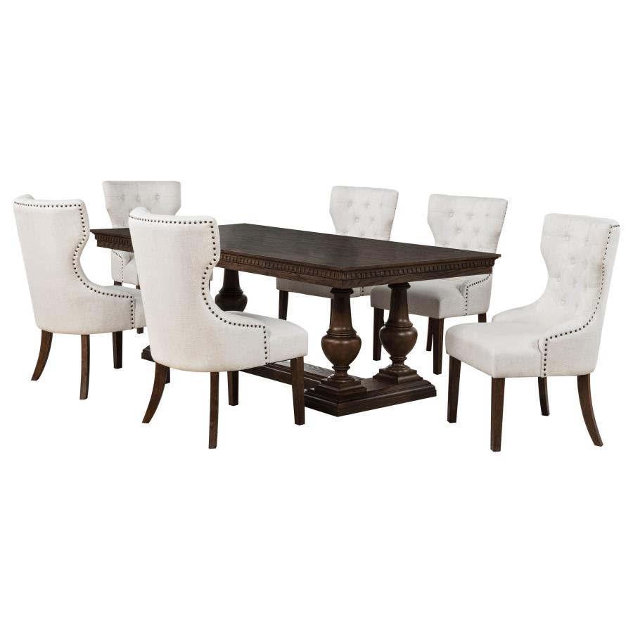 dark wood dining table with six tufted cream upholstered chairs, traditional dining room set