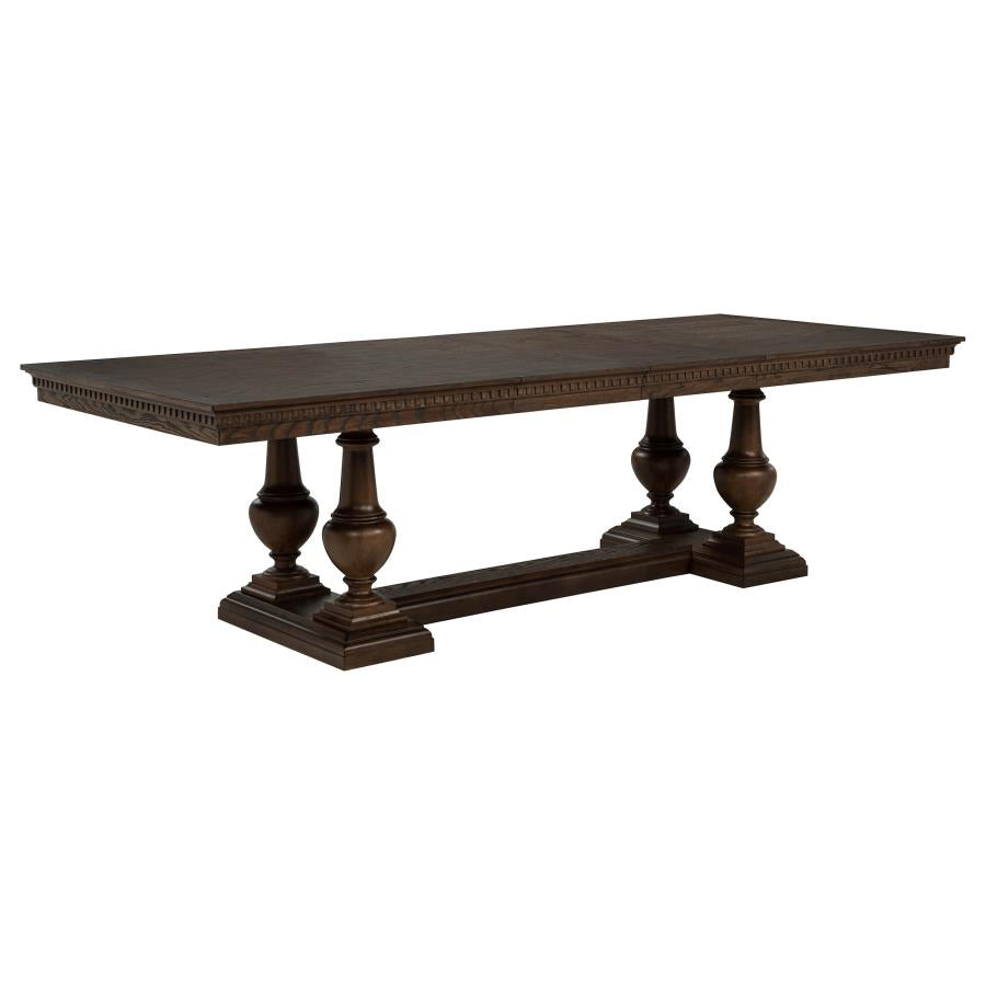 dark wood dining table with ornate pedestal legs, traditional style for dining room