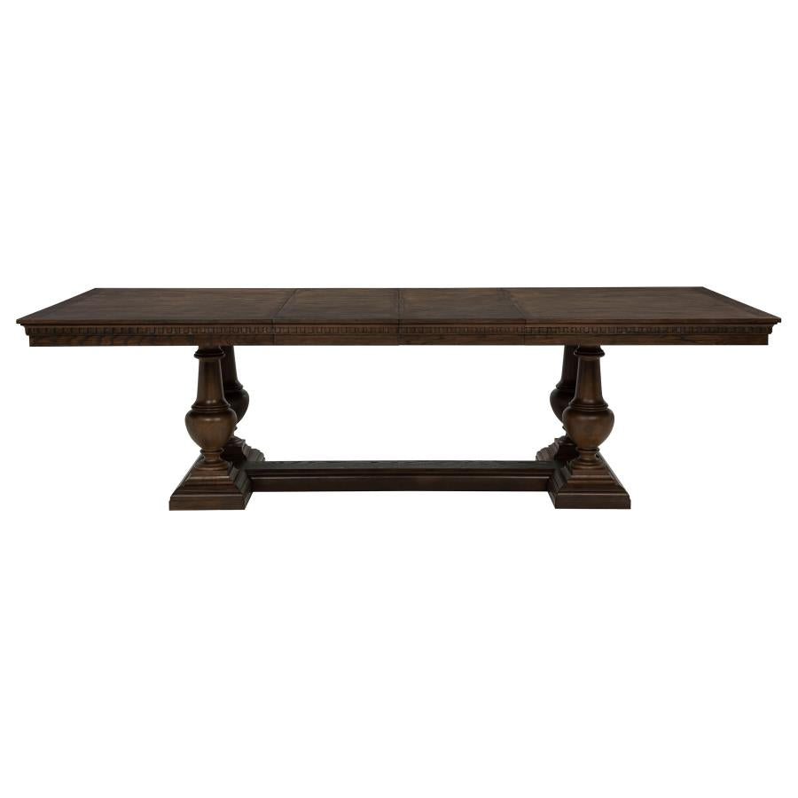dark brown wood dining table with trestle base, classic rectangular style for dining room