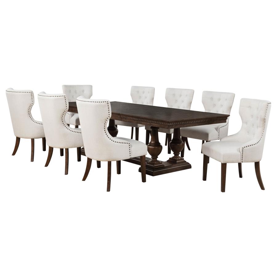 Traditional dark wood dining table with eight tufted cream upholstered chairs, ideal for dining room