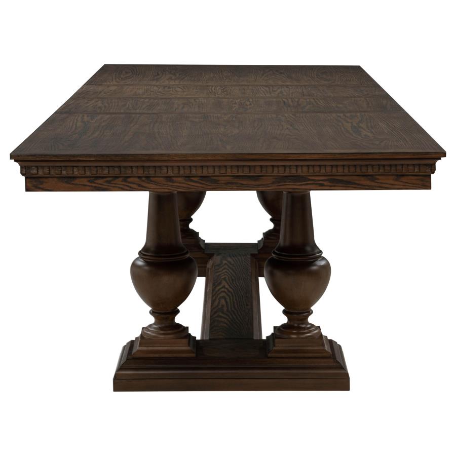 dark wood dining table with ornate pedestal base, traditional style for dining room
