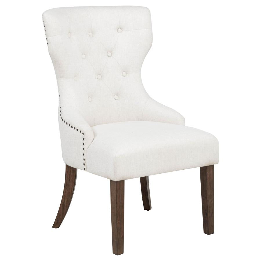 modern white upholstered dining chair with tufted back and wooden legs for living or dining room