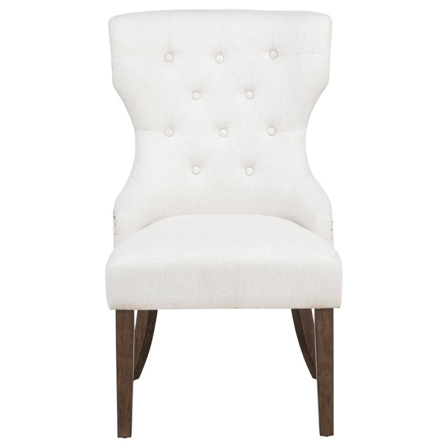 modern white tufted accent chair with curved back and brown wooden legs for living room