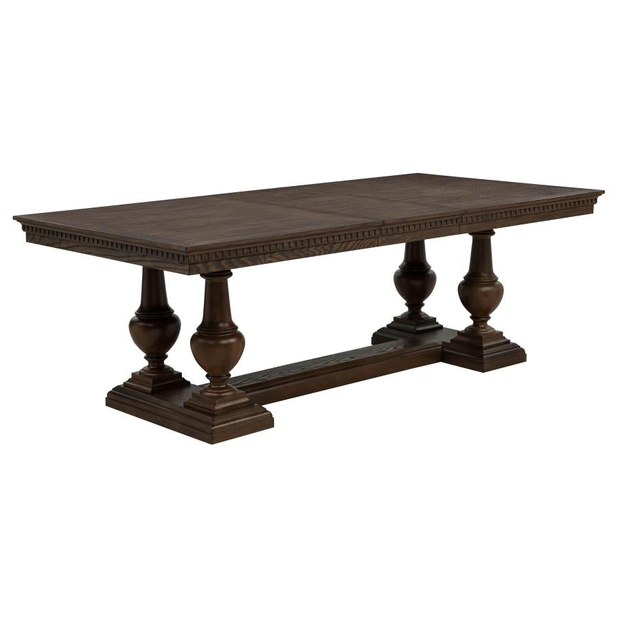 dark wood rectangular dining table with classic pedestal legs for dining room