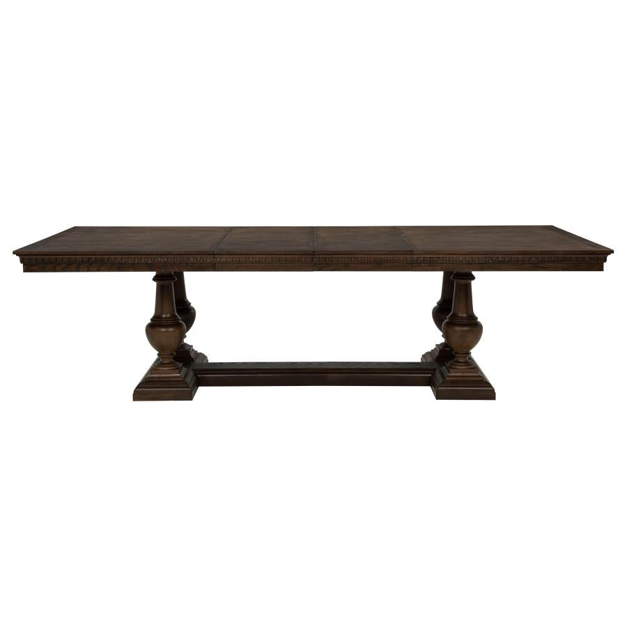 rectangular dark wood dining table with pedestal base, classic style for dining room