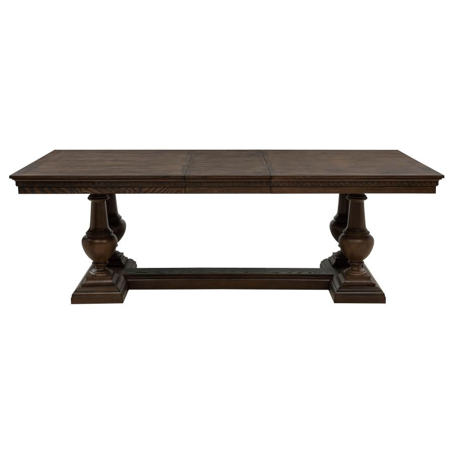 dark wood rectangular dining table with pedestal base, classic style for dining room