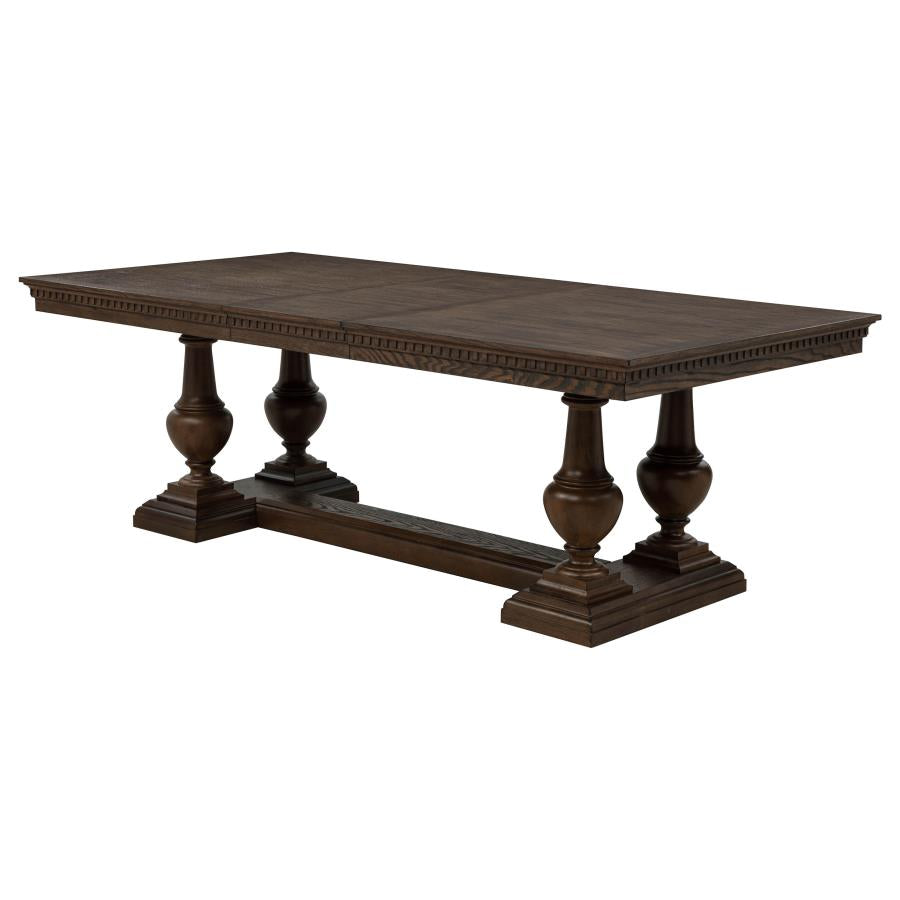 dark brown wood dining table with pedestal base, classic style, ideal for dining room