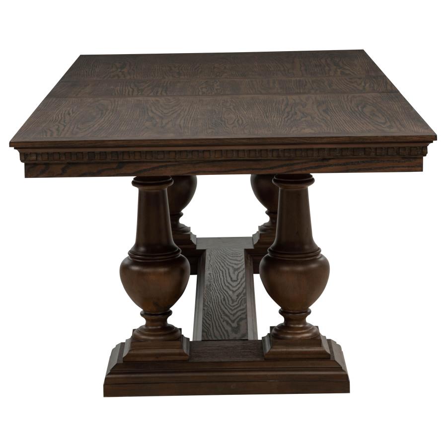 dark wood square dining table with ornate pedestal base, traditional style for dining room
