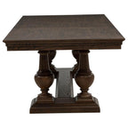 dark wood square dining table with ornate pedestal base, traditional style for dining room