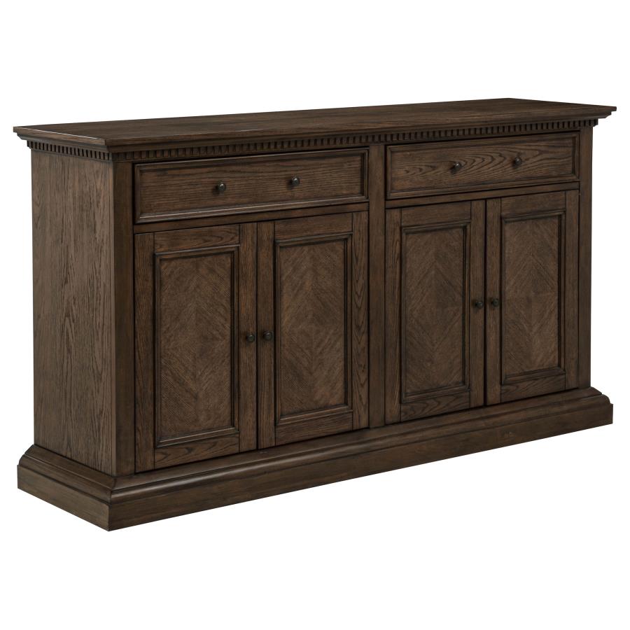 dark brown wood sideboard buffet with four doors, two drawers, classic living room storage