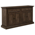 dark brown wood sideboard buffet with four doors, two drawers, classic living room storage