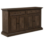 dark brown wood sideboard buffet with four doors, two drawers, classic living room storage