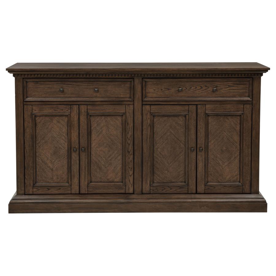 dark brown wood buffet cabinet with drawers, classic style, ideal for dining or living room storage