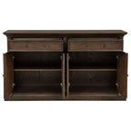 dark wood sideboard with drawers and open cabinet doors, ideal for living or dining room storage