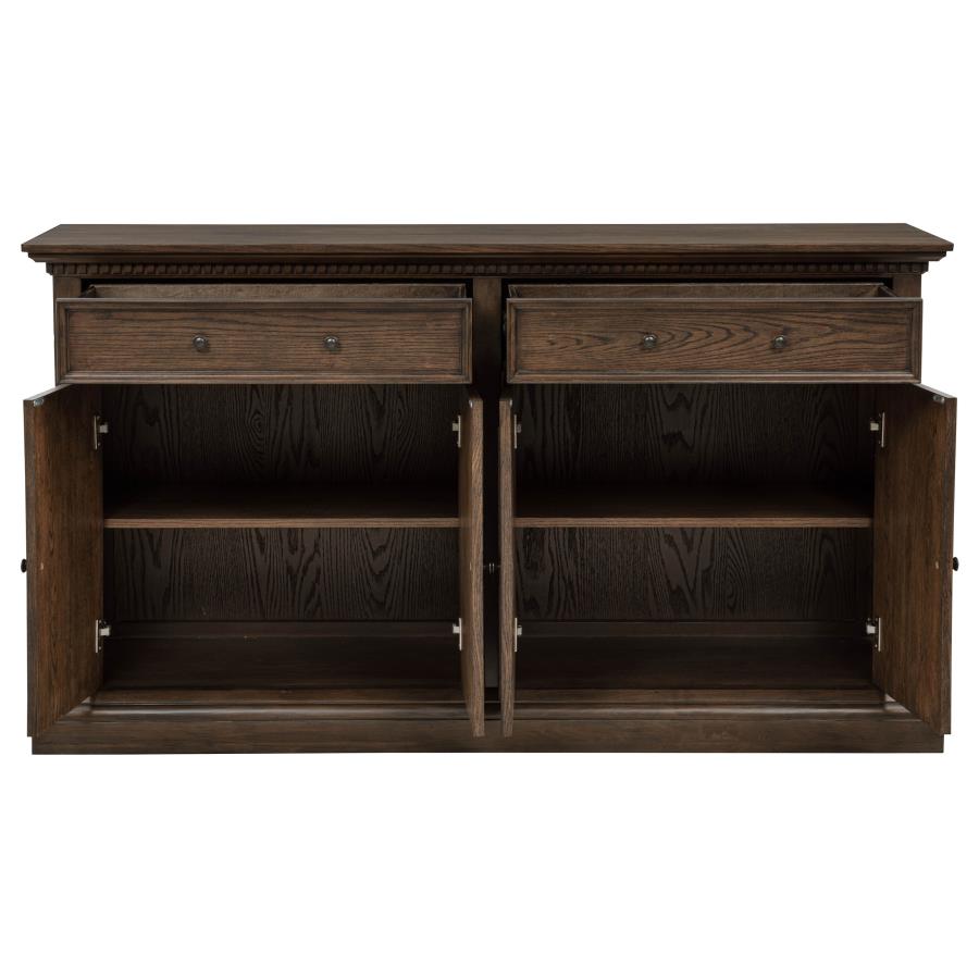 dark wood sideboard with drawers and open cabinet doors, ideal for living or dining room storage