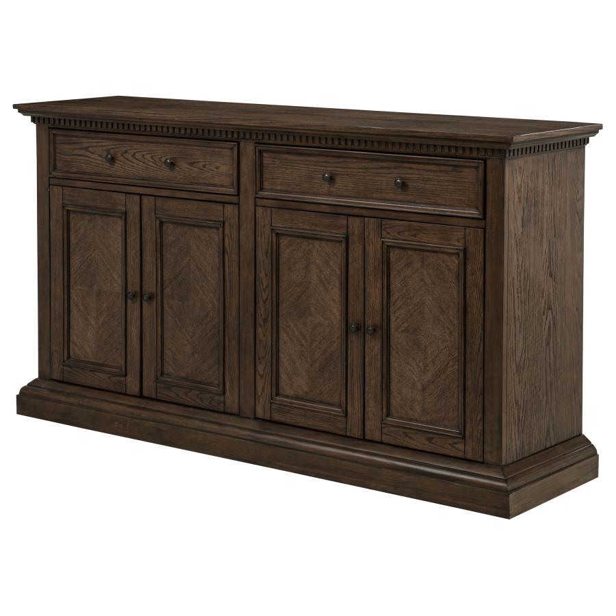 dark wood buffet cabinet with four doors and two drawers, classic dining room storage