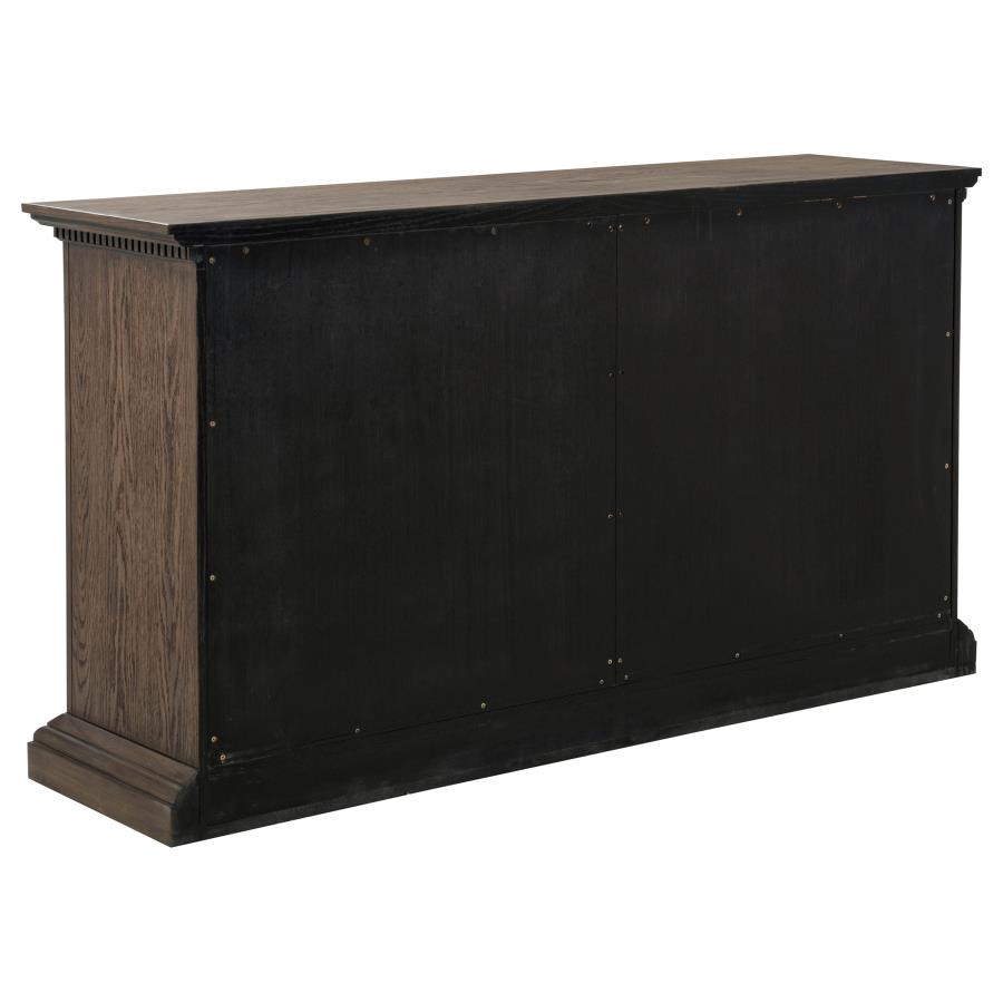 modern black and brown wood console table with paneled sides for living room or entryway