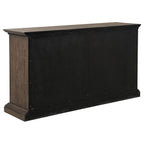 modern black and brown wood console table with paneled sides for living room or entryway