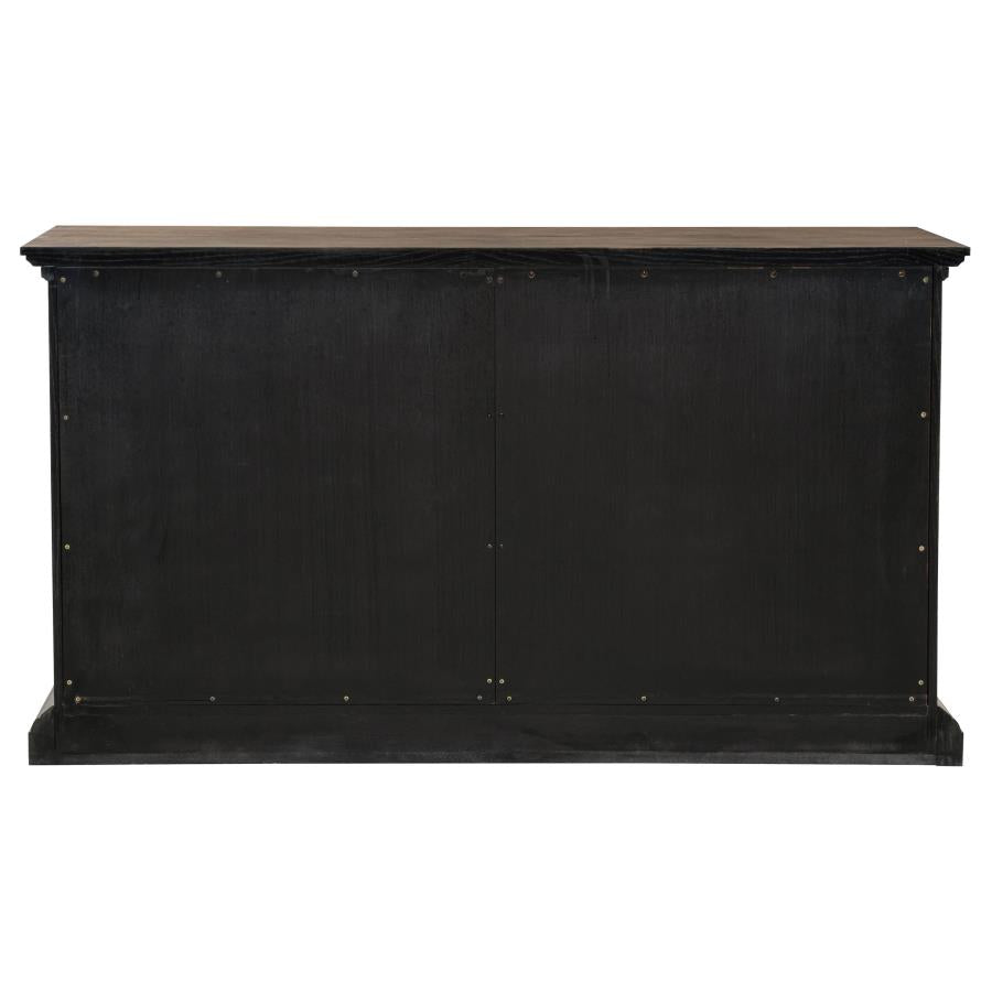 black wood console table with natural finish top, modern living room furniture
