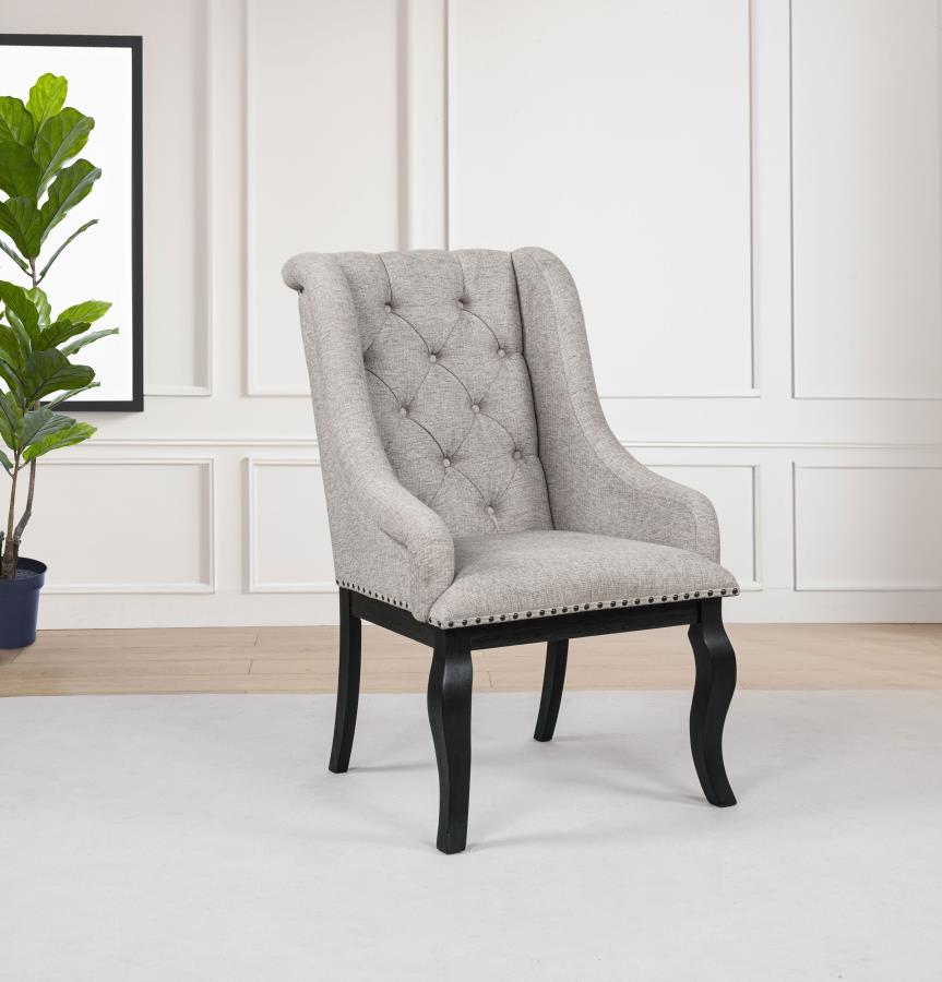 Home & Sleep Outlet - Phelps Upholstered Dining Arm Chair Tan Distressed Noir (Set of 2)