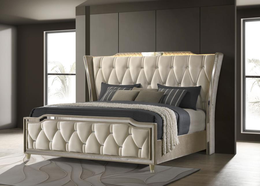 Home & Sleep Outlet - Lorient Eastern King LED Upholstered Bed Ivory and Camel