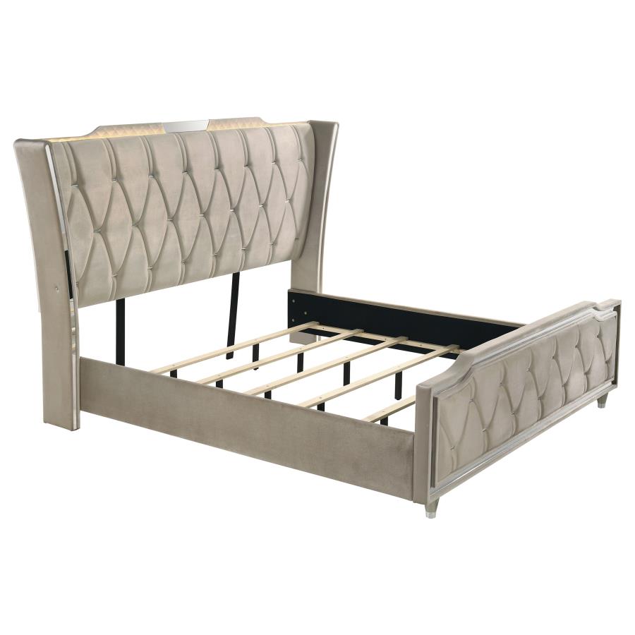 Home & Sleep Outlet - Lorient Eastern King LED Upholstered Bed Ivory and Camel