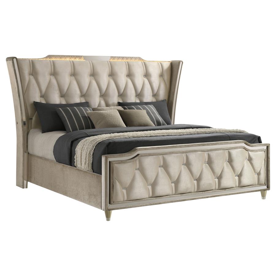Home & Sleep Outlet - Lorient Eastern King LED Upholstered Bed Ivory and Camel
