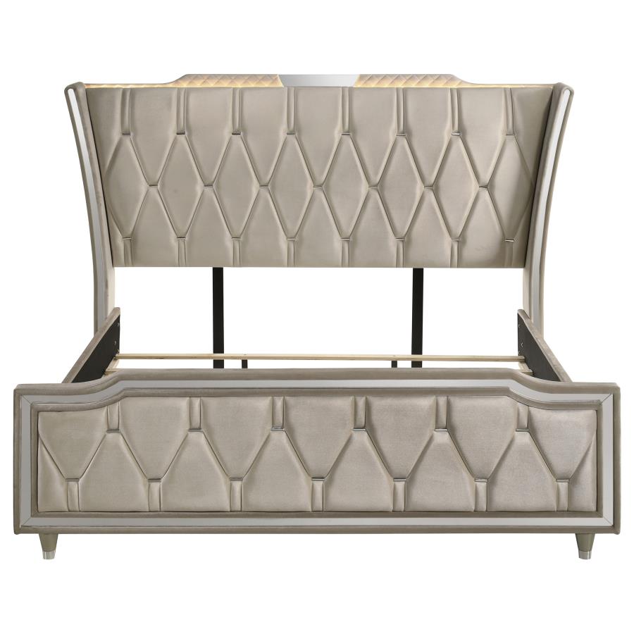 Home & Sleep Outlet - Lorient Eastern King LED Upholstered Bed Ivory and Camel