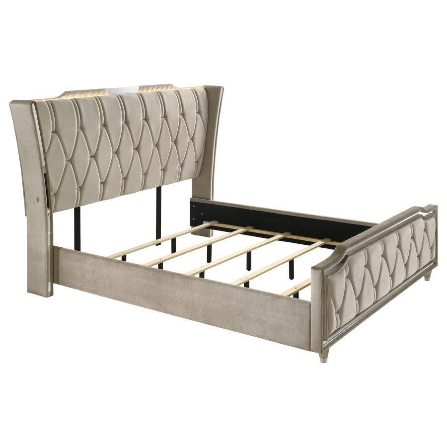 Home & Sleep Outlet - Lorient California King LED Upholstered Bed Ivory and Camel