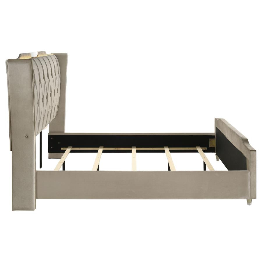 Home & Sleep Outlet - Lorient California King LED Upholstered Bed Ivory and Camel