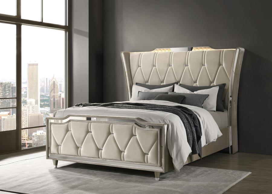 Home & Sleep Outlet - Lorient Queen LED Upholstered Wingback Bed Ivory and Camel