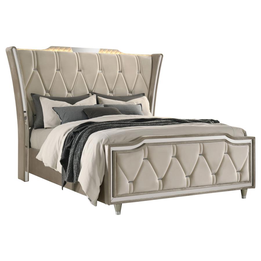 Home & Sleep Outlet - Lorient Queen LED Upholstered Wingback Bed Ivory and Camel