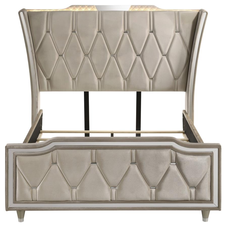 Home & Sleep Outlet - Lorient Queen LED Upholstered Wingback Bed Ivory and Camel