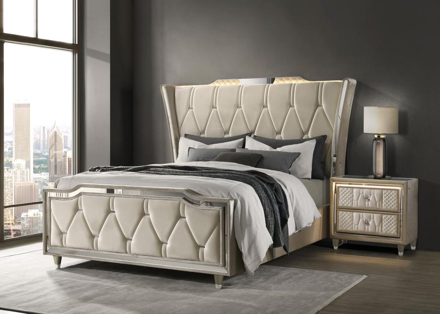 Home & Sleep Outlet - Lorient Queen LED Upholstered Wingback Bed Ivory and Camel