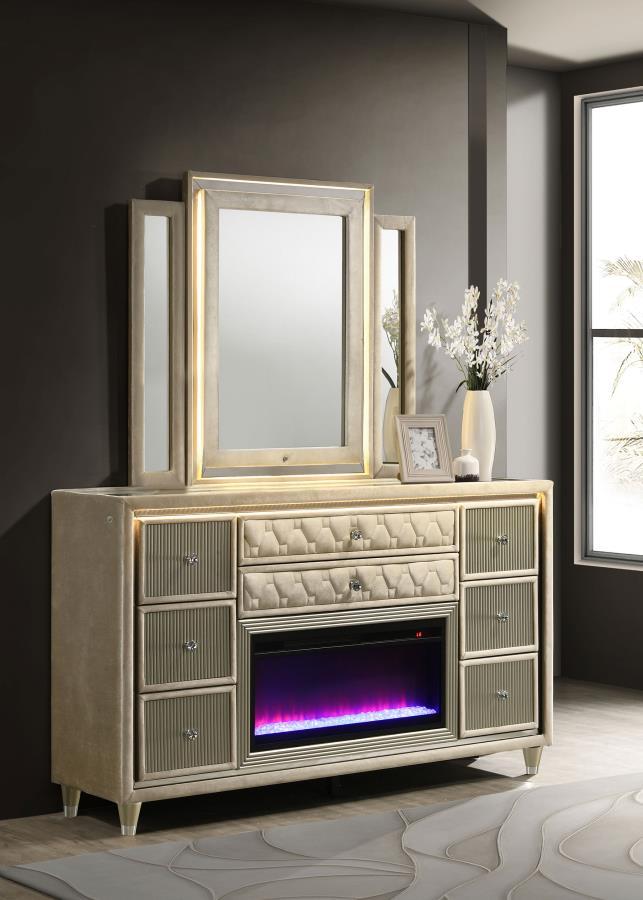 Home & Sleep Outlet - Lorient 8-drawer LED Flame Box Dresser and Mirror Ivory Camel