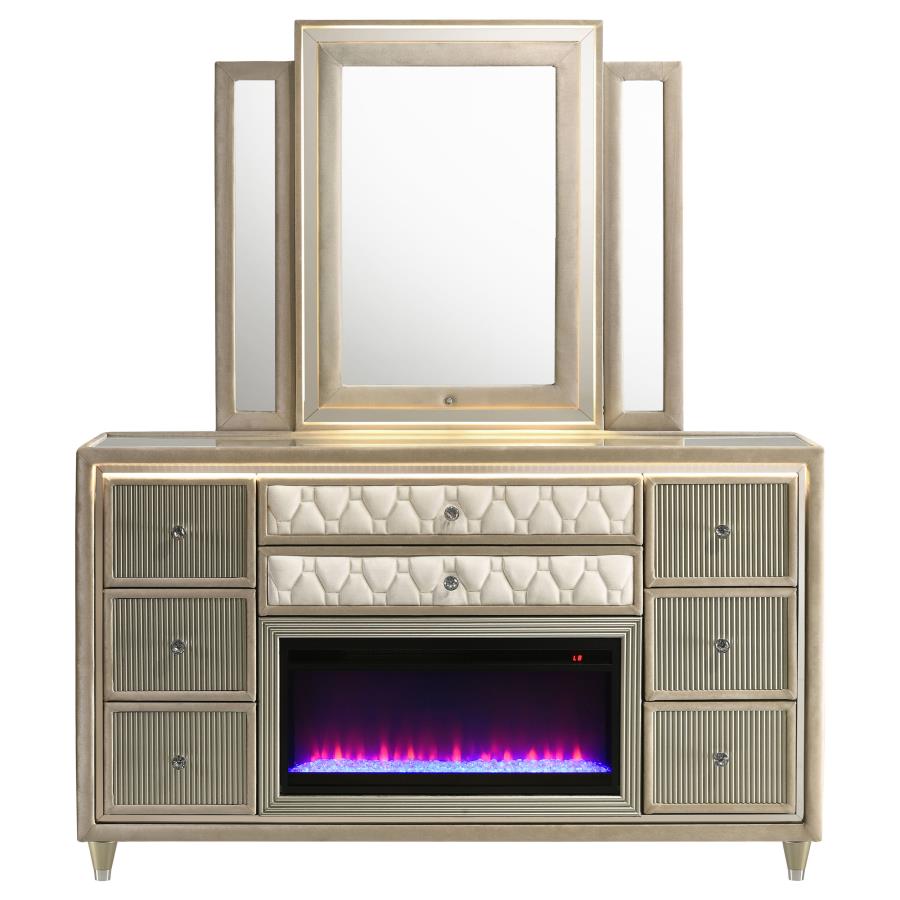 Home & Sleep Outlet - Lorient 8-drawer LED Flame Box Dresser and Mirror Ivory Camel