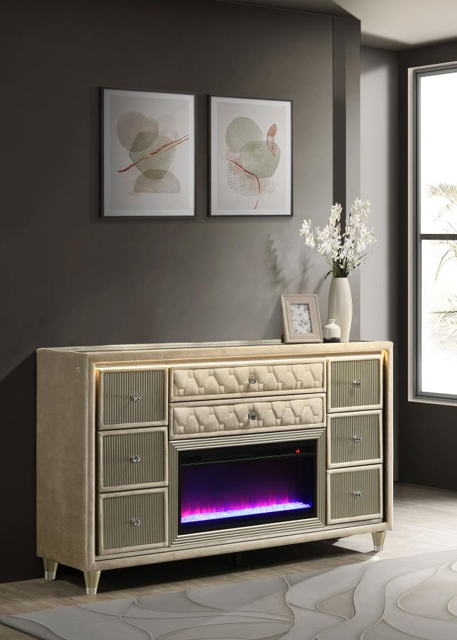 Home & Sleep Outlet - Lorient 8-drawer LED Bedroom Flame Box Dresser Ivory Camel