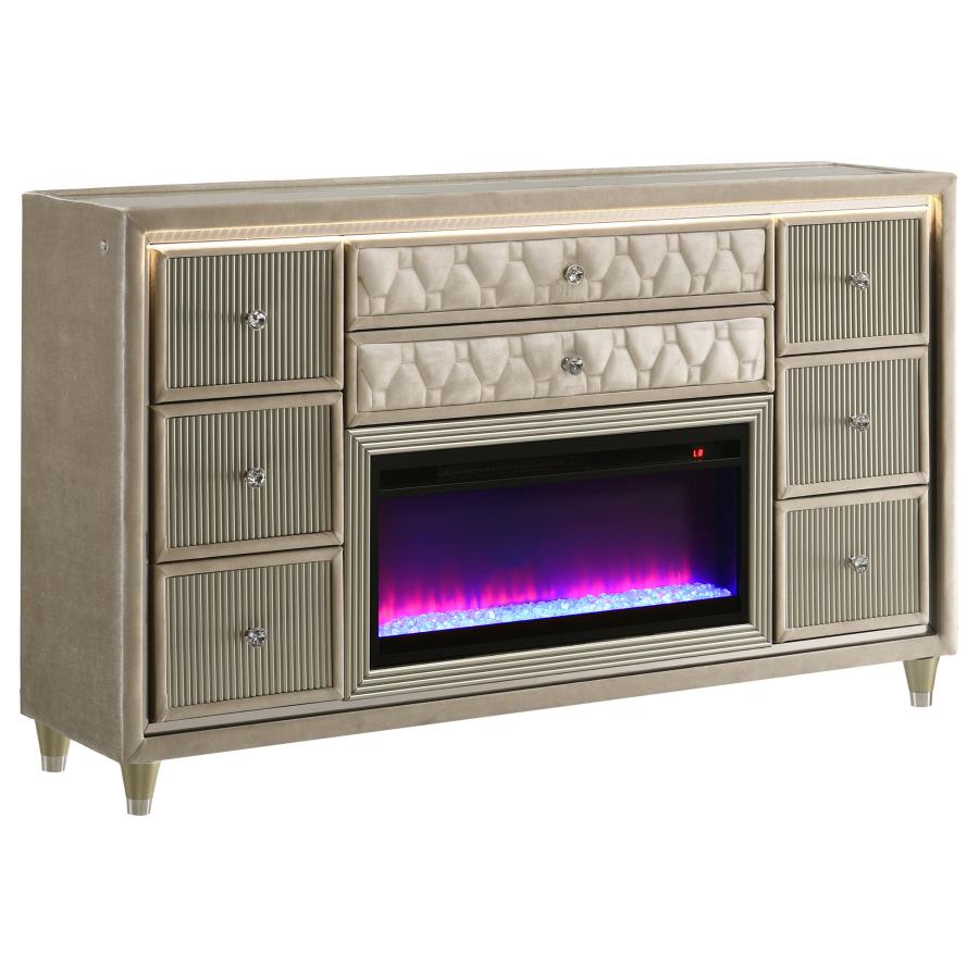 Home & Sleep Outlet - Lorient 8-drawer LED Bedroom Flame Box Dresser Ivory Camel