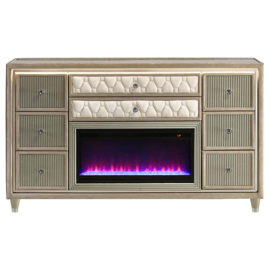 Home & Sleep Outlet - Lorient 8-drawer LED Bedroom Flame Box Dresser Ivory Camel