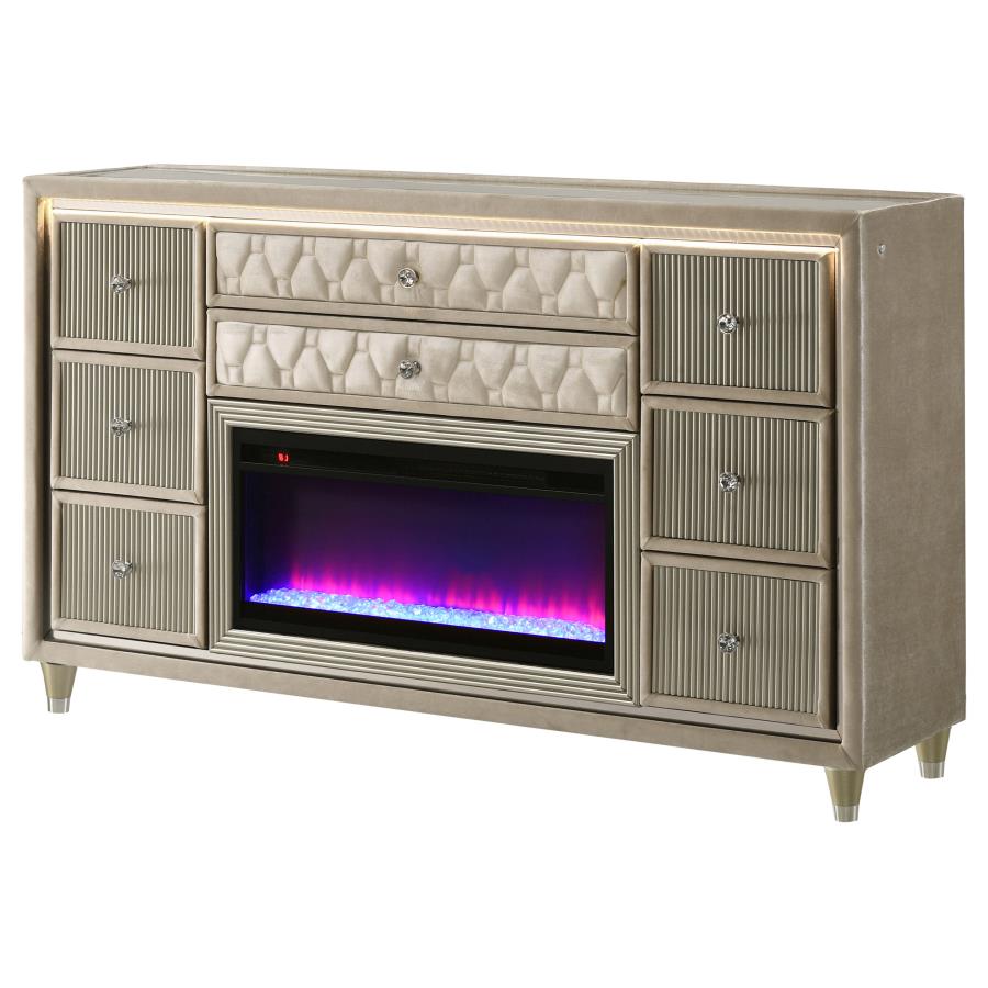 Home & Sleep Outlet - Lorient 8-drawer LED Bedroom Flame Box Dresser Ivory Camel