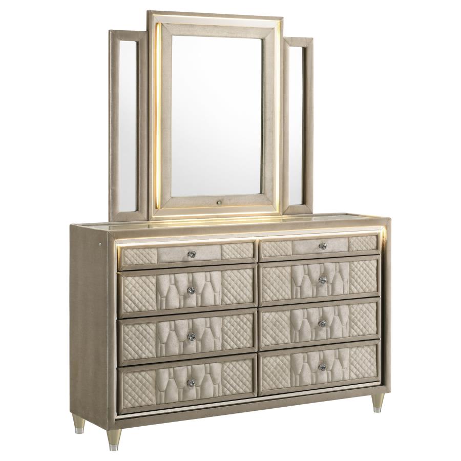 Home & Sleep Outlet - Lorient 8-drawer LED Dresser with Mirror Ivory and Camel